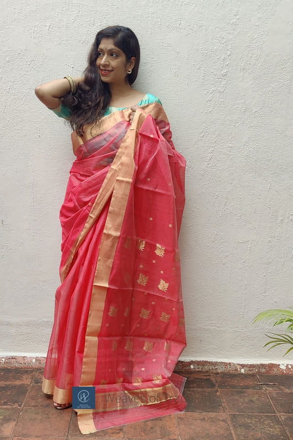Pink Chanderi Handloom Cotton Silk Saree With Blouse Piece