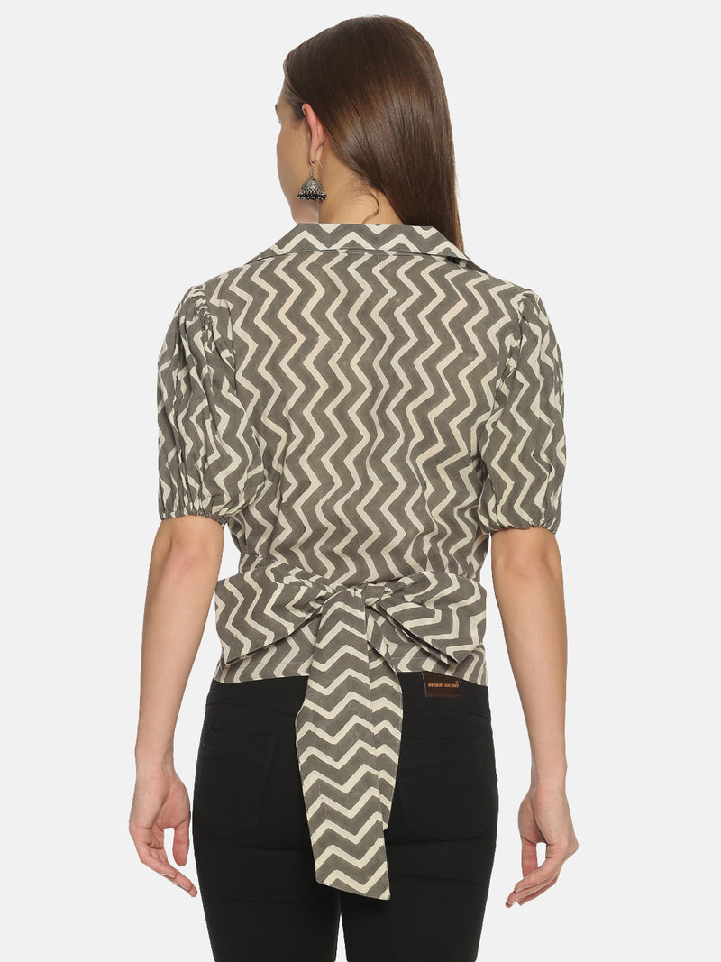 Grey and White Chevron Hand Block Printed Cotton Cropped Wrap Around Shirt with Puffed Sleeves