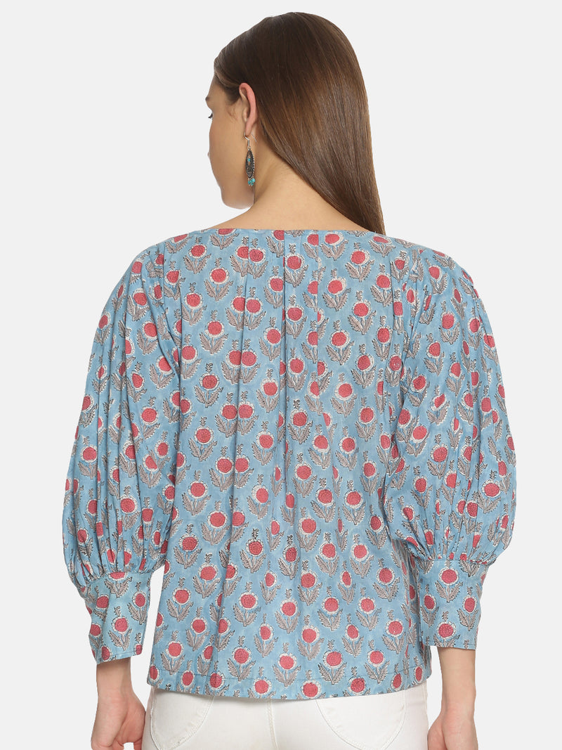 Sky Blue Hand Block Printed Cotton Relaxed Top with Puffed Sleeves