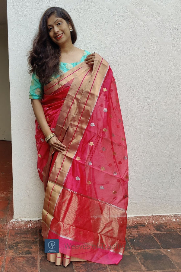 Peachish Pink Chanderi Handloom Cotton Silk Saree With Blouse Piece