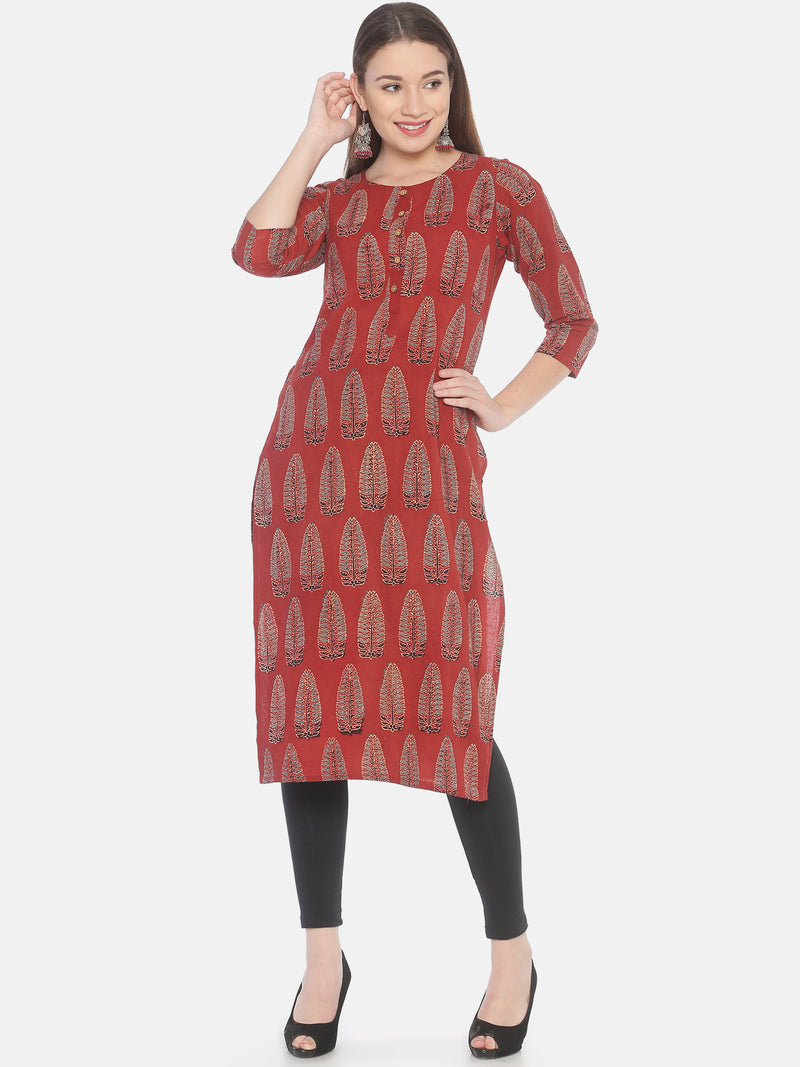 Red Ajrakh Hand Block Printed Naturally Dyed Pure Cotton Kurti