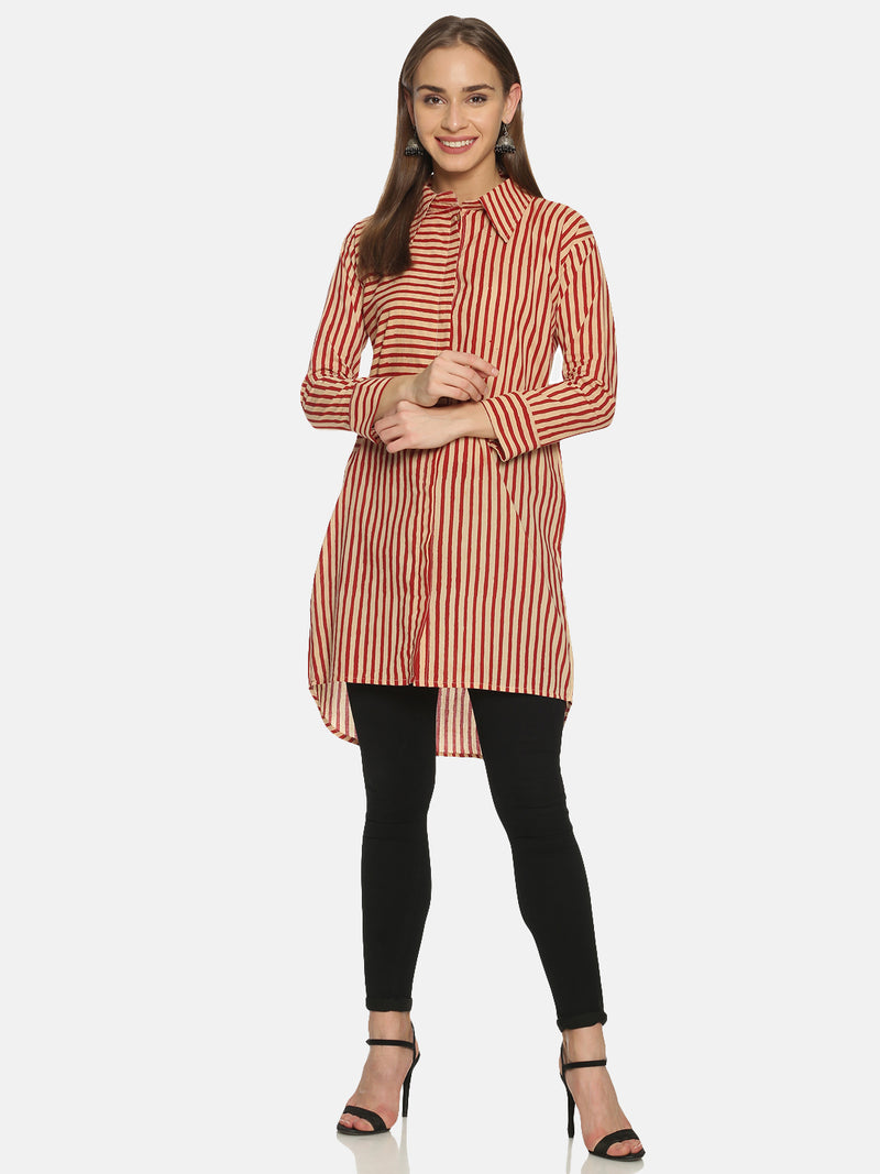 Red and Beige Striped Hand Block Printed Cotton Over-Sized Long Shirt
