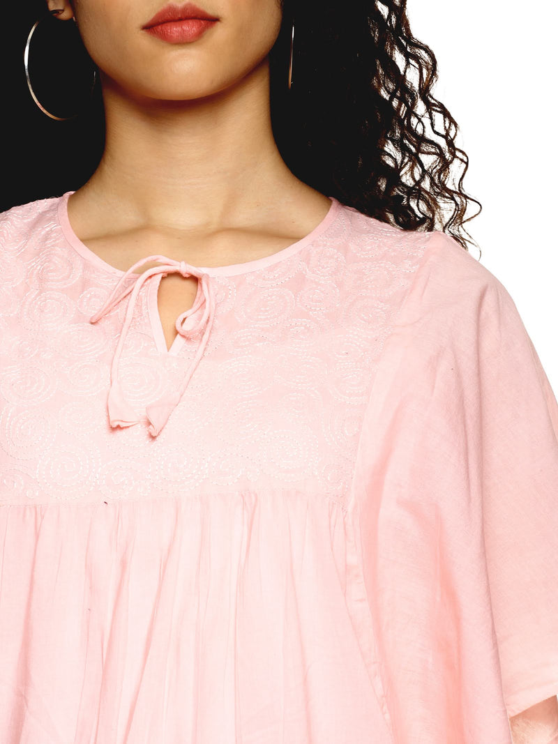 Baby Pink Chikankari Hand Embroidered Pure Cotton Top with Butterly Sleeves