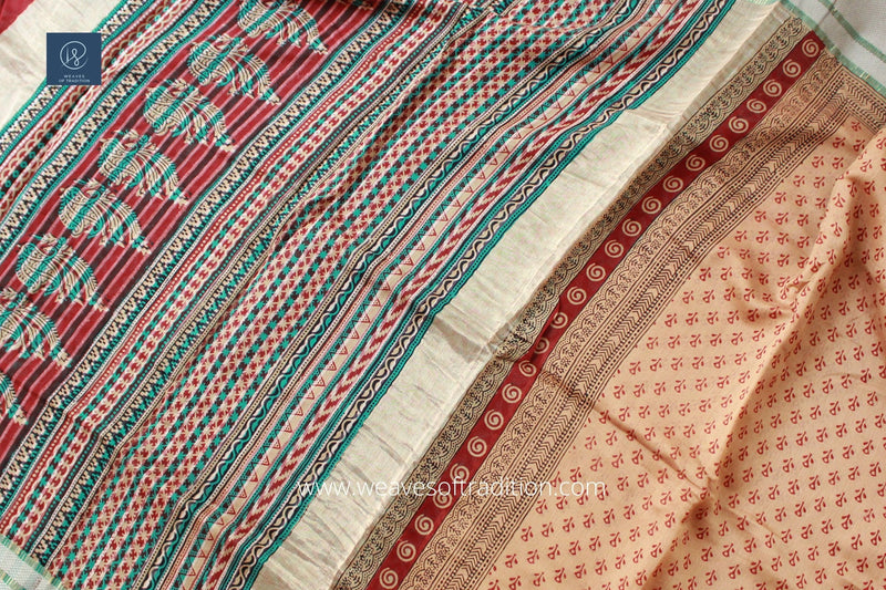 Beige Bagh Hand Block Printed Maheshwari Cotton Silk Saree