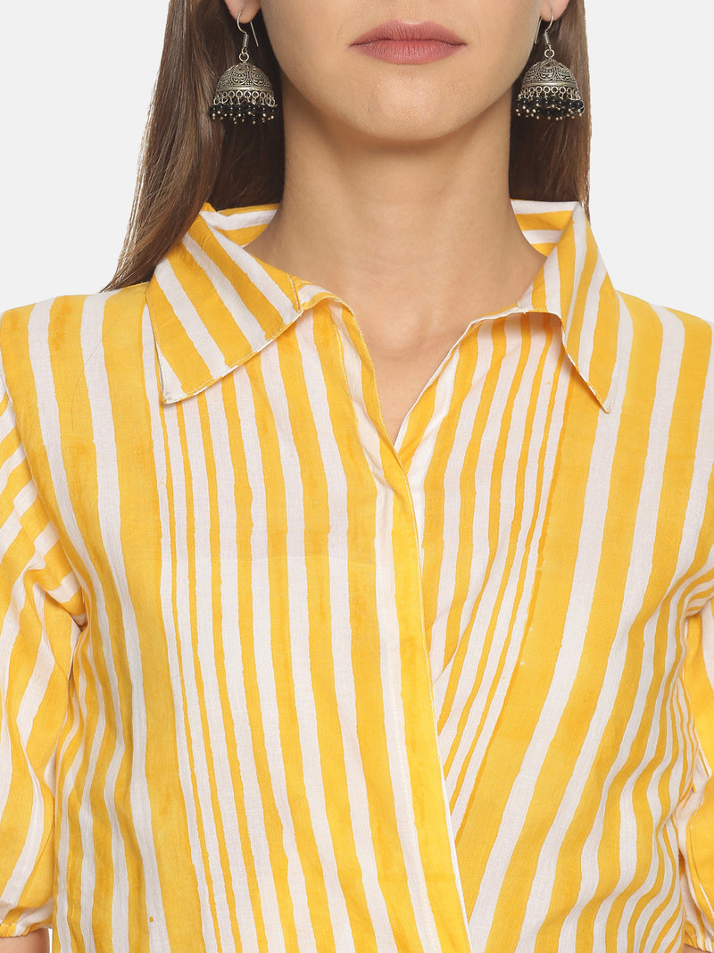 Yellow and White Stripes Hand Block Printed Cotton Cropped Wrap Around Shirt with Puffed Sleeves