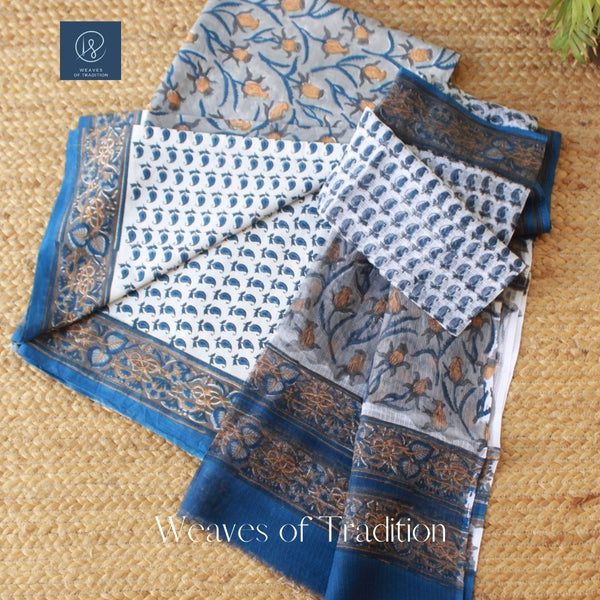 Grey Sanganeri Hand Block Printed Unstitched Cotton Dress Material With Kota Doria Dupatta