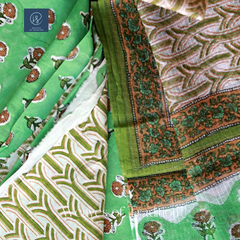 Green Sanganeri Hand Block Printed Unstitched Cotton Dress Material With Kota Doria Dupatta