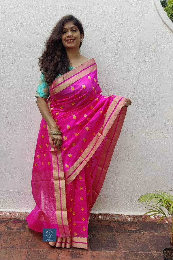 Fuscia Pink Chanderi Handloom Silk Saree With Blouse Piece