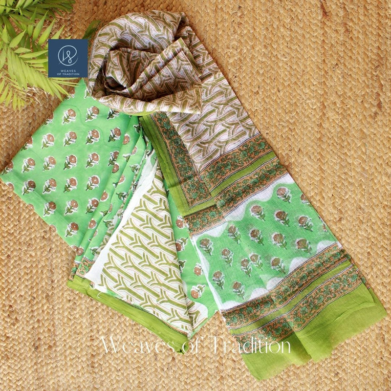 Green Sanganeri Hand Block Printed Unstitched Cotton Dress Material With Kota Doria Dupatta