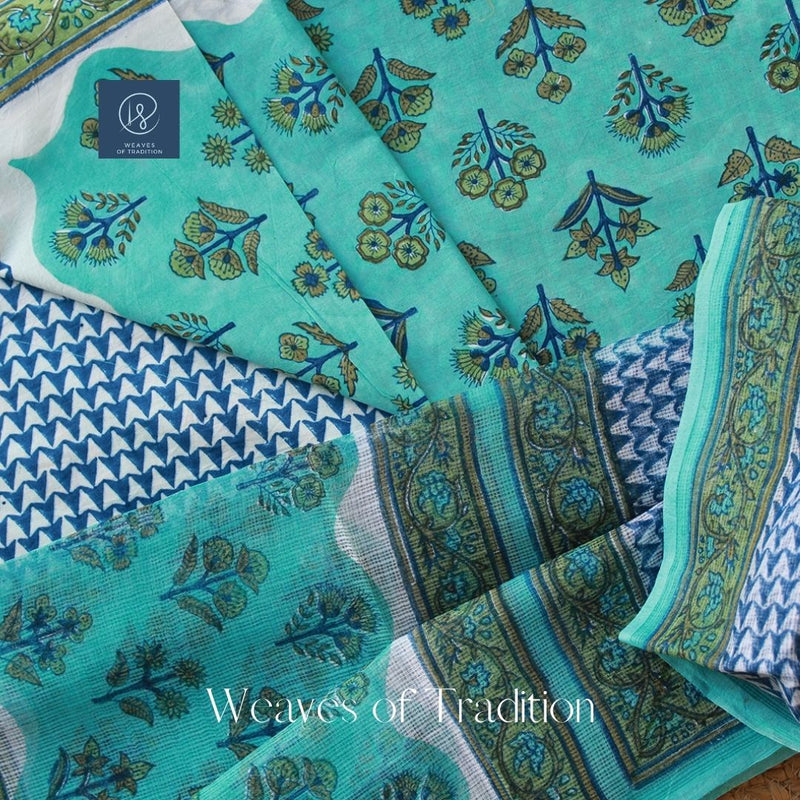 Blue Sanganeri Hand Block Printed Unstitched Cotton Dress Material With Kota Doria Dupatta