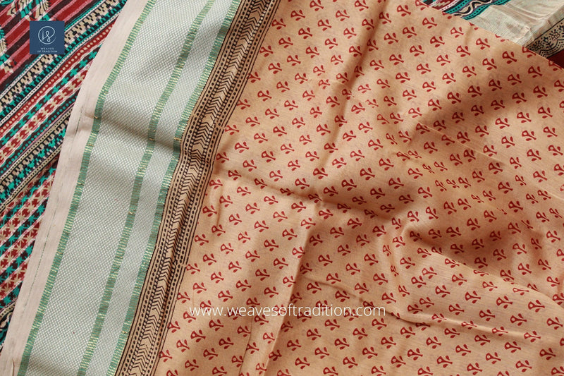 Beige Bagh Hand Block Printed Maheshwari Cotton Silk Saree
