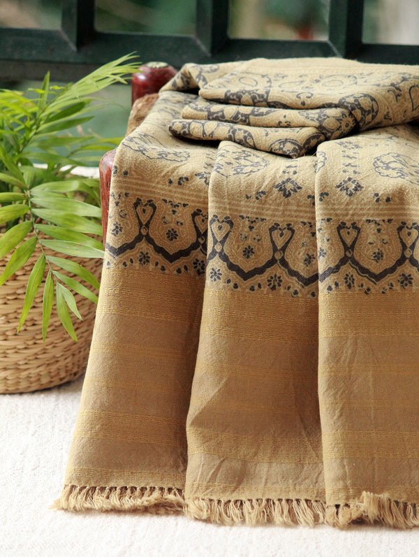 Beige Ajrakh Hand Block Printed Desi Wool Shawl