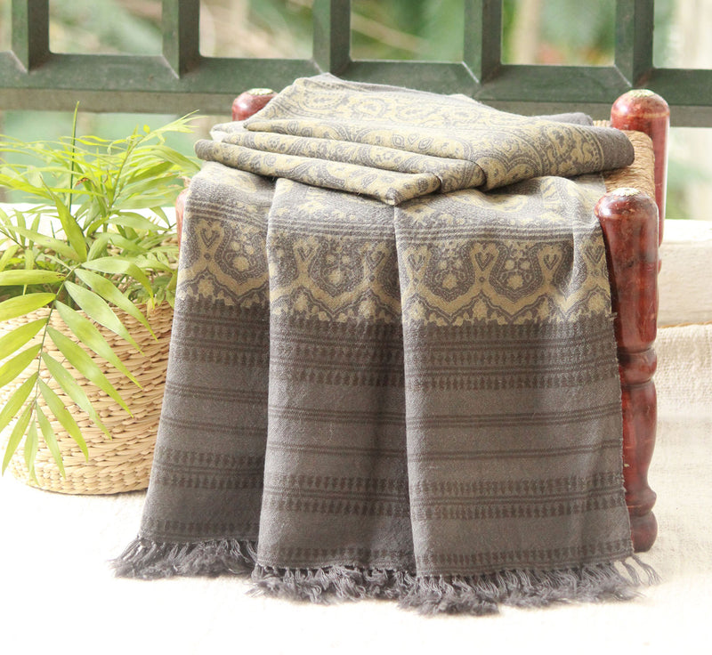 Grey Ajrakh Hand Block Printed Desi Wool Shawl