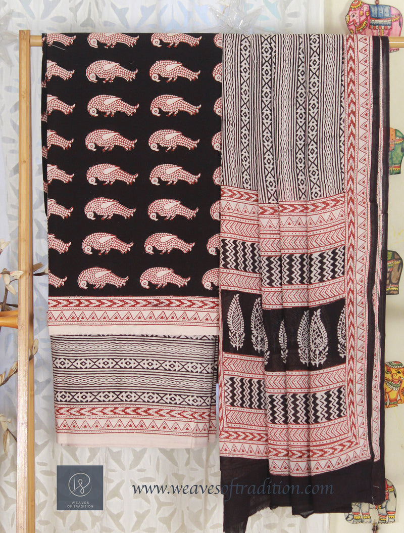 Black and Off-White Bagh Hand Block Printed Cotton Dress Material