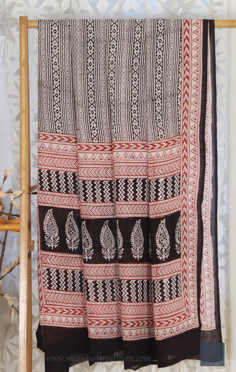 Black and Off-White Bagh Hand Block Printed Cotton Dress Material