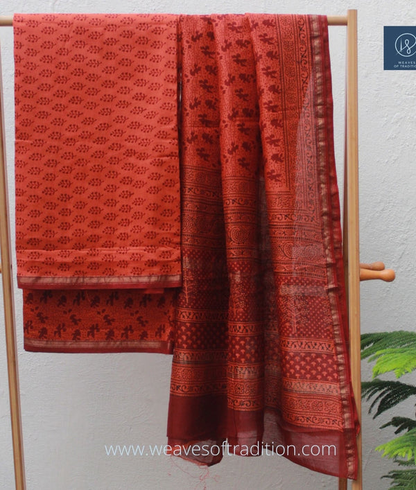 Orange Bagh Hand Block Printed Maheshwari Dress Material