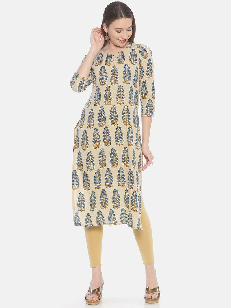 Beige Ajrakh Hand Block Printed Naturally Dyed Pure Cotton Kurti