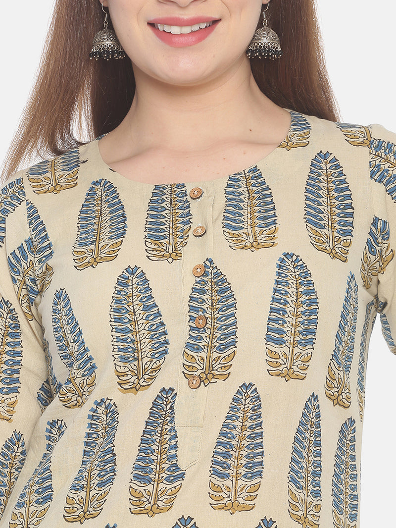 Beige Ajrakh Hand Block Printed Naturally Dyed Pure Cotton Kurti