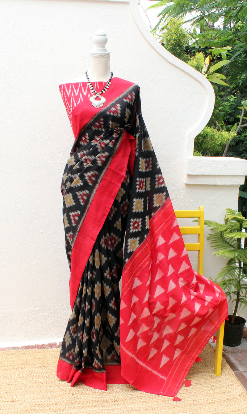 Black Pochampally Ikkat Handloom Saree with Red Ikkat Blouse Piece
