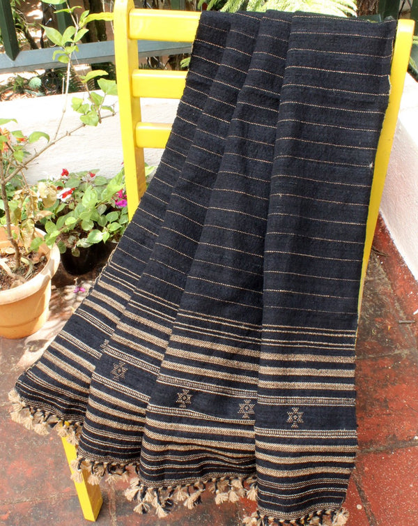Black Bhujodi Handloom Tussar Silk and Merino Wool Shawl