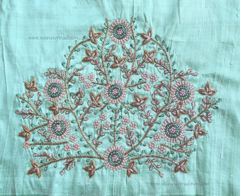 Sea Green Hand Embroidered Raw Silk Blouse Piece