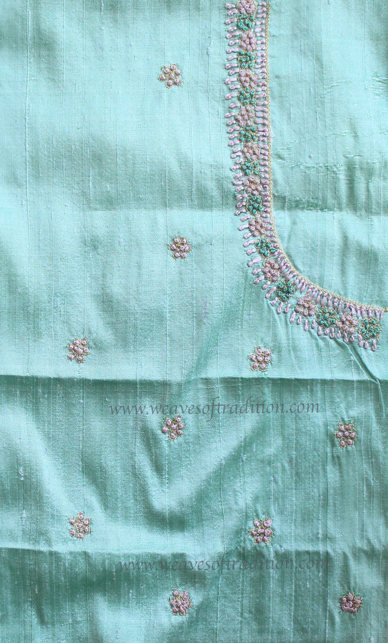 Sea Green Hand Embroidered Raw Silk Blouse Piece