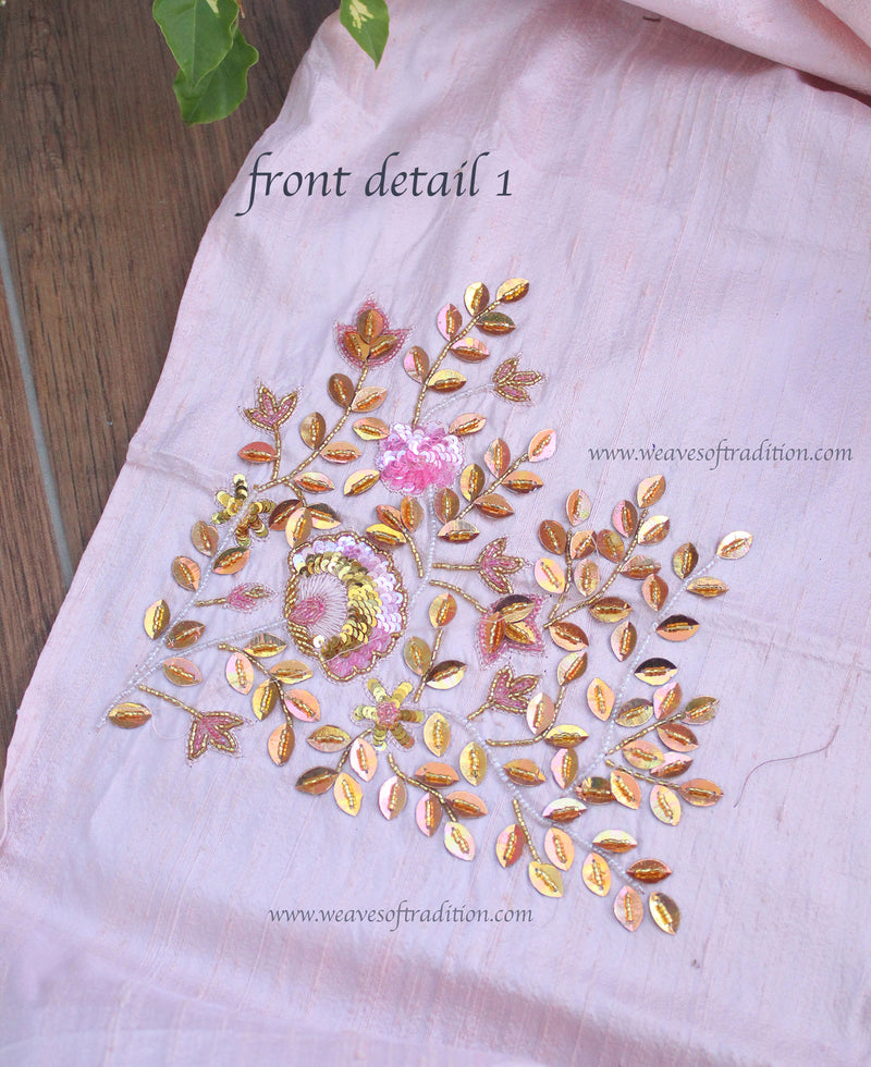 Baby Pink Hand Embroidered Raw Silk Blouse Piece