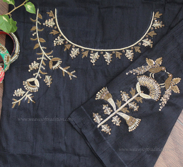 Black Hand Embroidered Raw Silk Blouse Piece