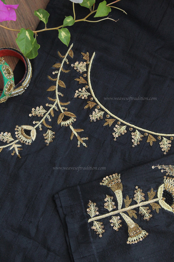 Black Hand Embroidered Raw Silk Blouse Piece