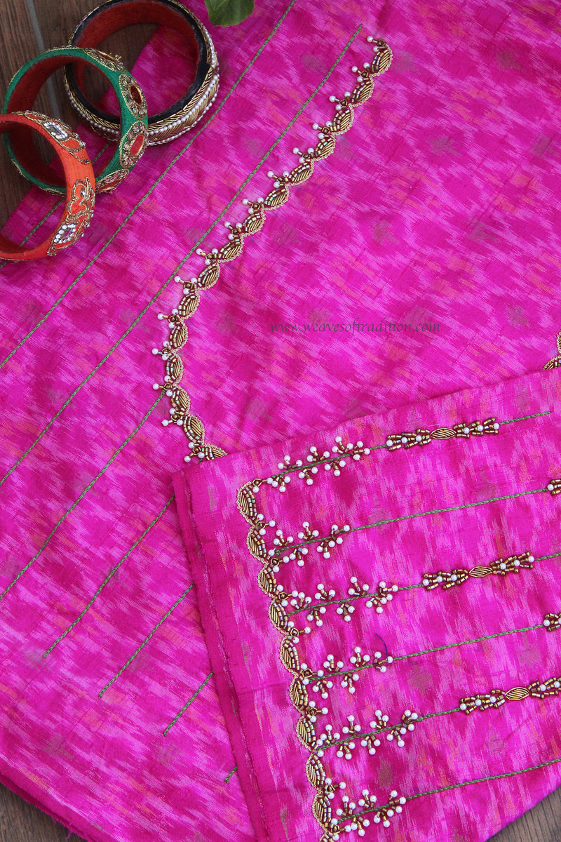 Pink Ikkat Hand Embroidered Raw Silk Blouse Piece