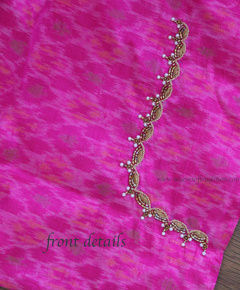 Pink Ikkat Hand Embroidered Raw Silk Blouse Piece