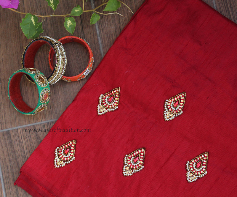 Red Hand Embroidered Raw Silk Blouse Piece