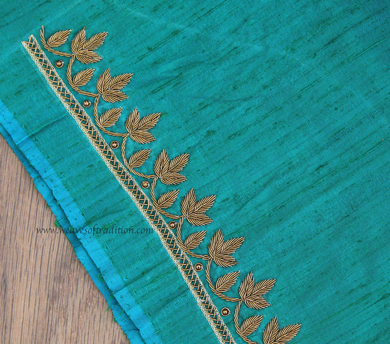 Teal Hand Embroidered Raw Silk Blouse Piece