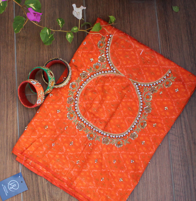 Orange Ikkat Hand Embroidered Raw Silk Blouse Piece