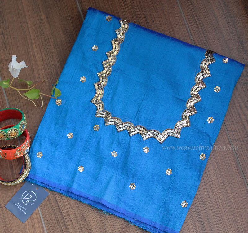 Blue Hand Embroidered Raw Silk Blouse Piece