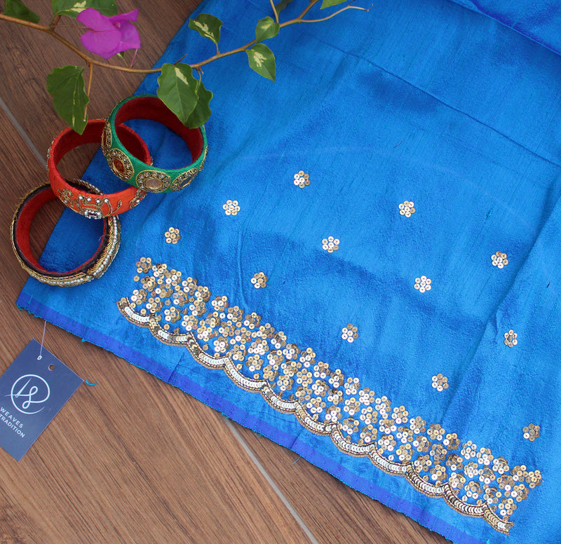 Blue Hand Embroidered Raw Silk Blouse Piece