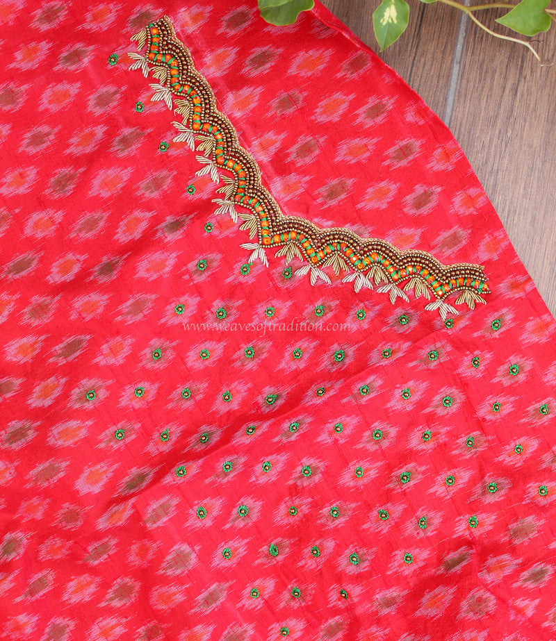 Red Ikkat Hand Embroidered Raw Silk Blouse Piece