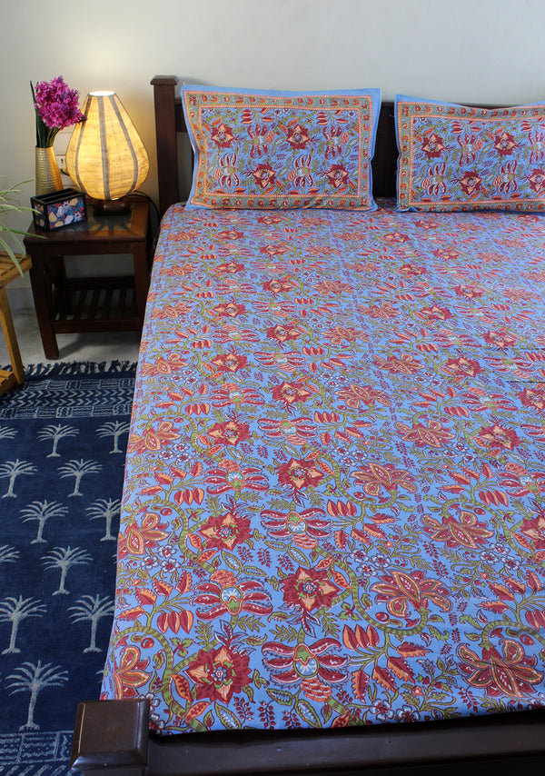 Blue Hand Block Printed Pure Cotton King Size Bedsheet with Pillow Covers