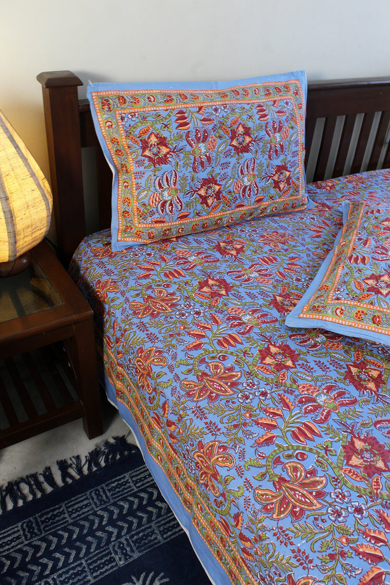 Blue Hand Block Printed Pure Cotton King Size Bedsheet with Pillow Covers