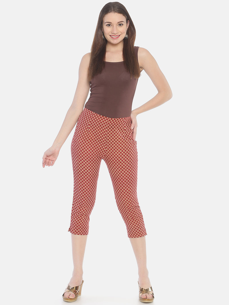Brown Naturally Dyed Cotton Hand Block Printed Cropped Cigarette Pants