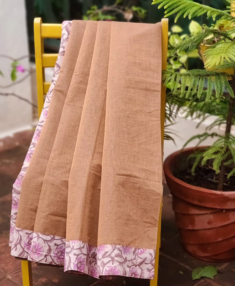 Orange and Brown Dual Toned Mangalgiri Handloom Cotton Patchwork Saree