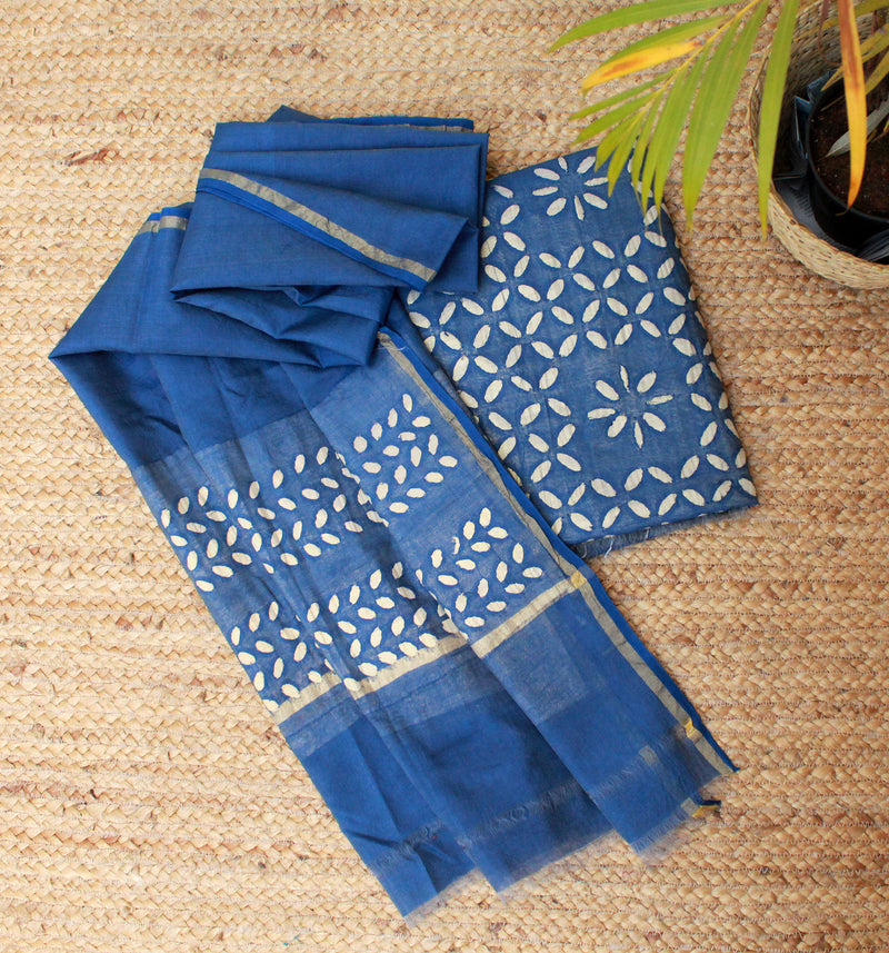 Indigo Appliqué Chanderi Cotton Silk Dress Material
