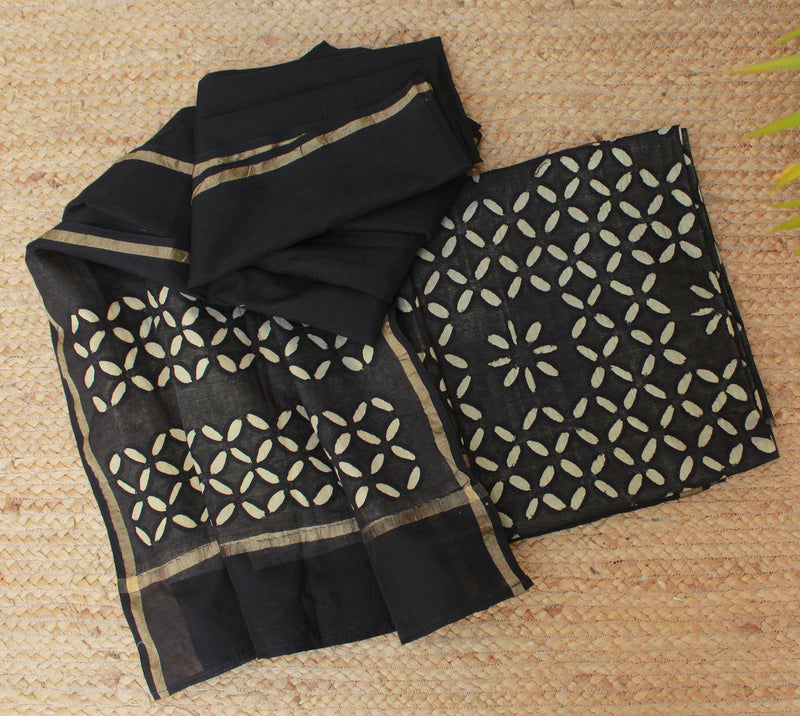 Black Appliqué Chanderi Cotton Silk Dress Material
