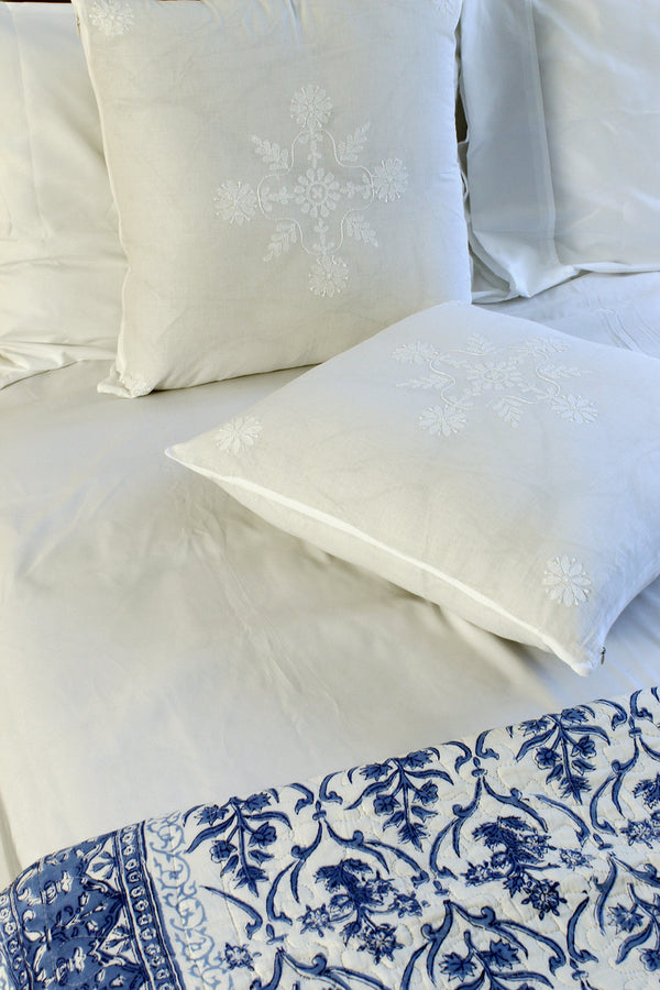 White Pure Cotton Hand Embroidered Chikankari Cushion Cover (18 x 18 inches)