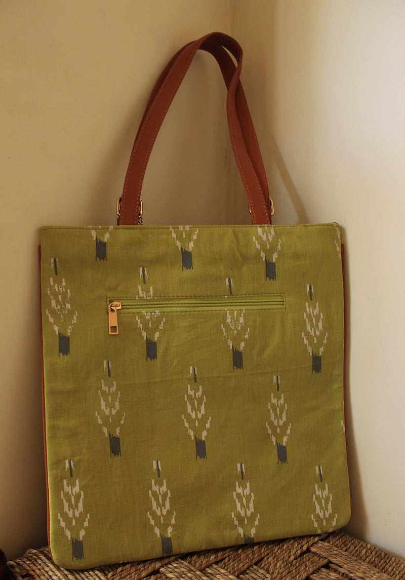 Chutney Green Ikkat Cotton Slim Tote Bag with Zipper Pouch