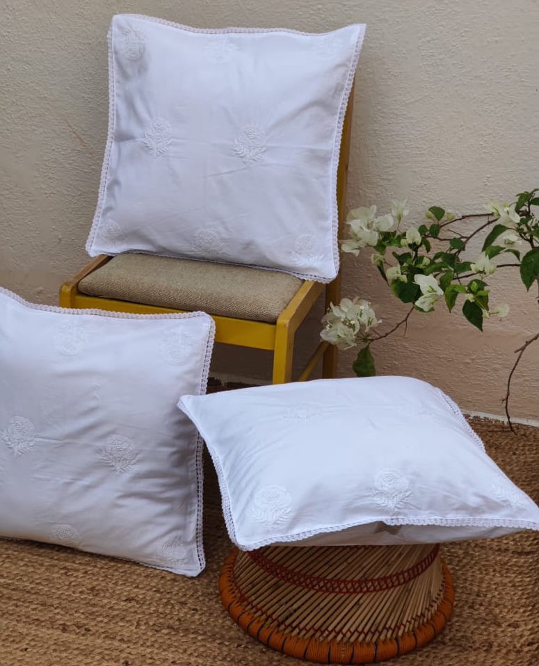 White Chikankari Hand Embroidered Cushion Cover (18 inches x 18 inches)