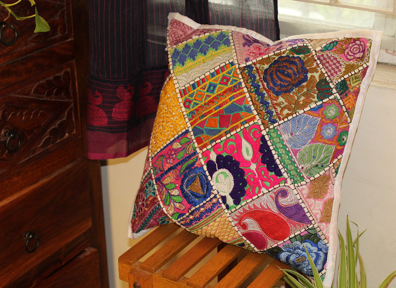 Multicoloured Embroidered Patchwork Cushion Cover