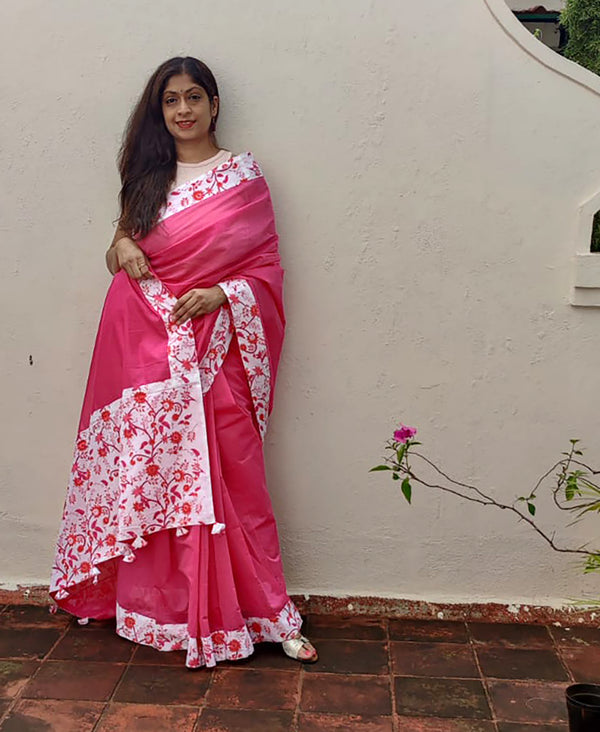 Pink Mangalgiri Handloom Cotton Patchwork Saree