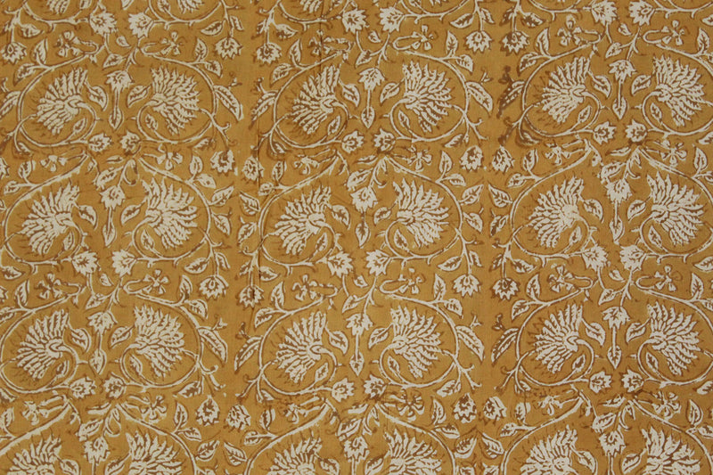 Mustard Kalamkari Hand Block Printed Cotton Fabric