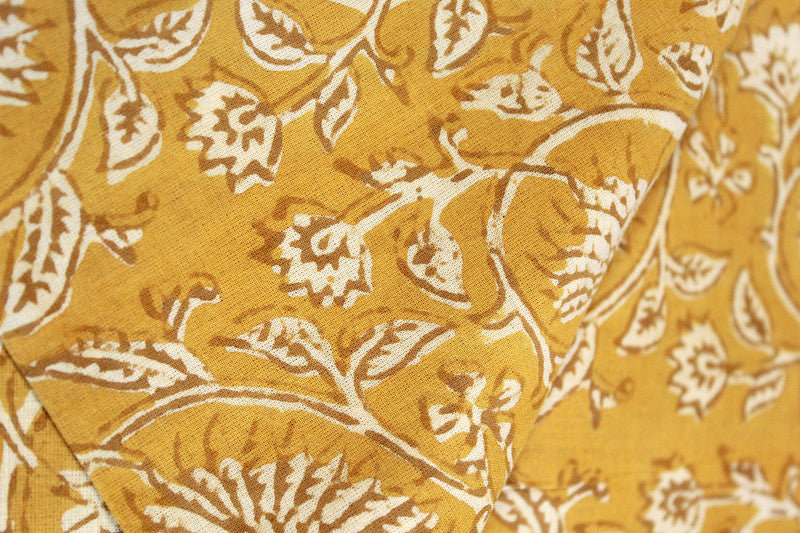 Mustard Kalamkari Hand Block Printed Cotton Fabric